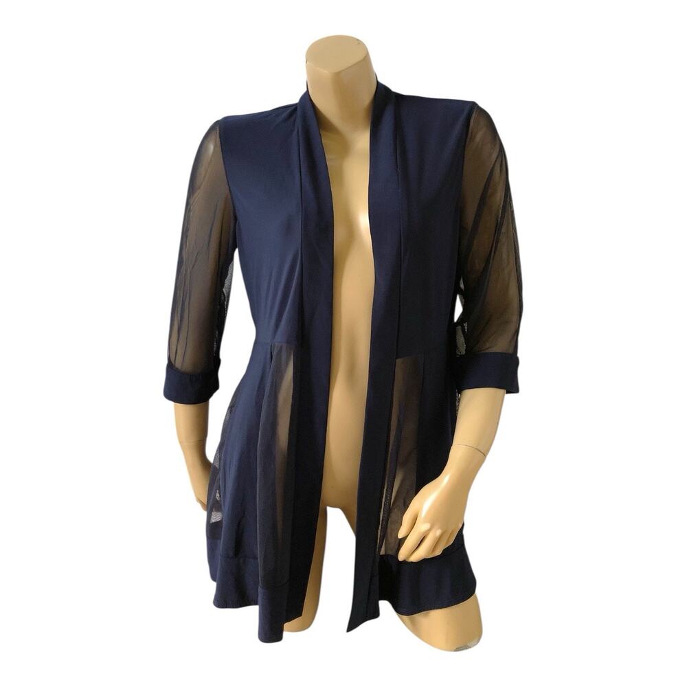 R&M Richards Top Womens 14 Navy Sheer Mesh Panels 3/4 Sleeve Open Front Tunic